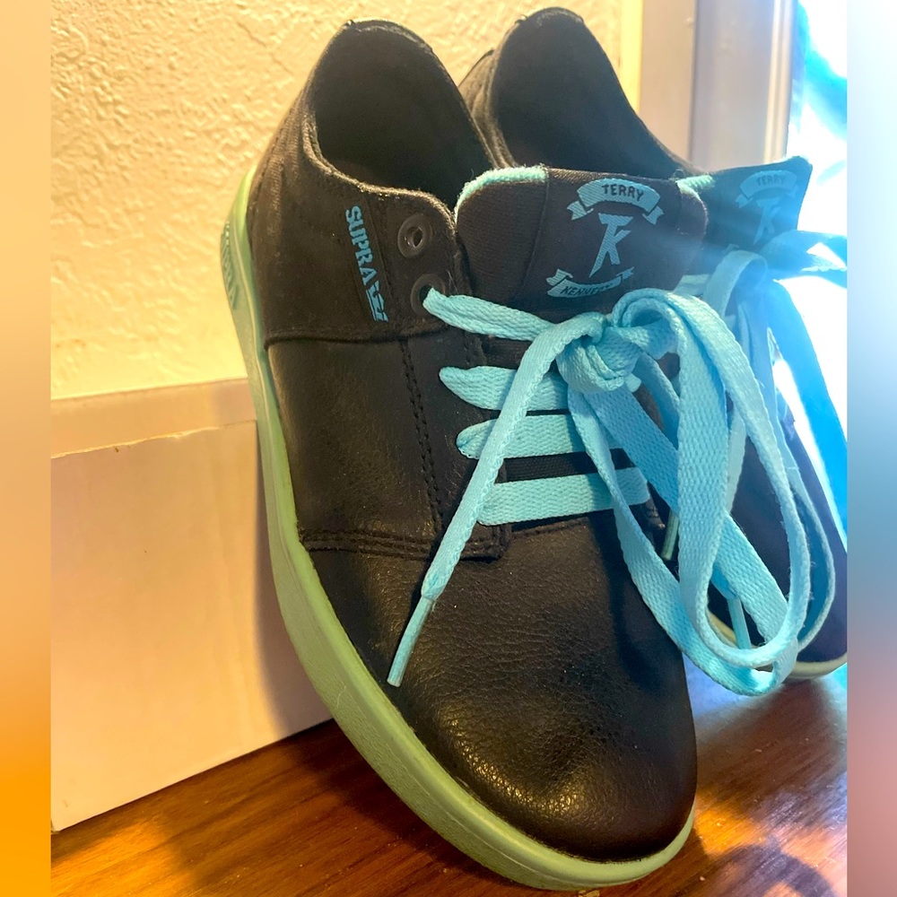 Supra TK Stacks black/teal full grain leather low top skate shoe casual 7